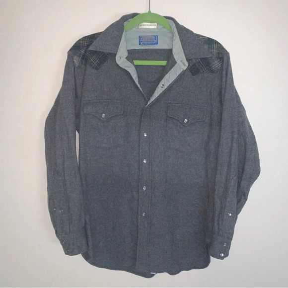 Pendleton 100% Virgin Wool Plaid Grey Long Sleeve Western Style Snap  Up Shirt M - Picture 1 of 9